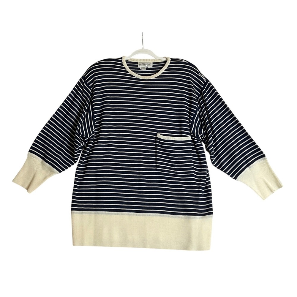 Vintage Outlander Wool Blend‎ Blue Ivory Striped Pullover Sweater  L